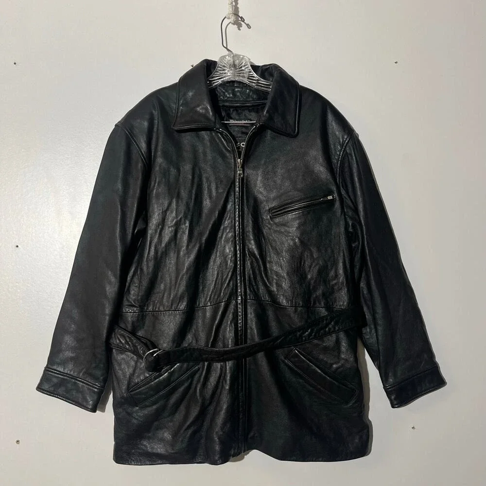 Wilson's Leather Thinsulate Black Belted Coat Jacket Collared Biker Mens Size XL